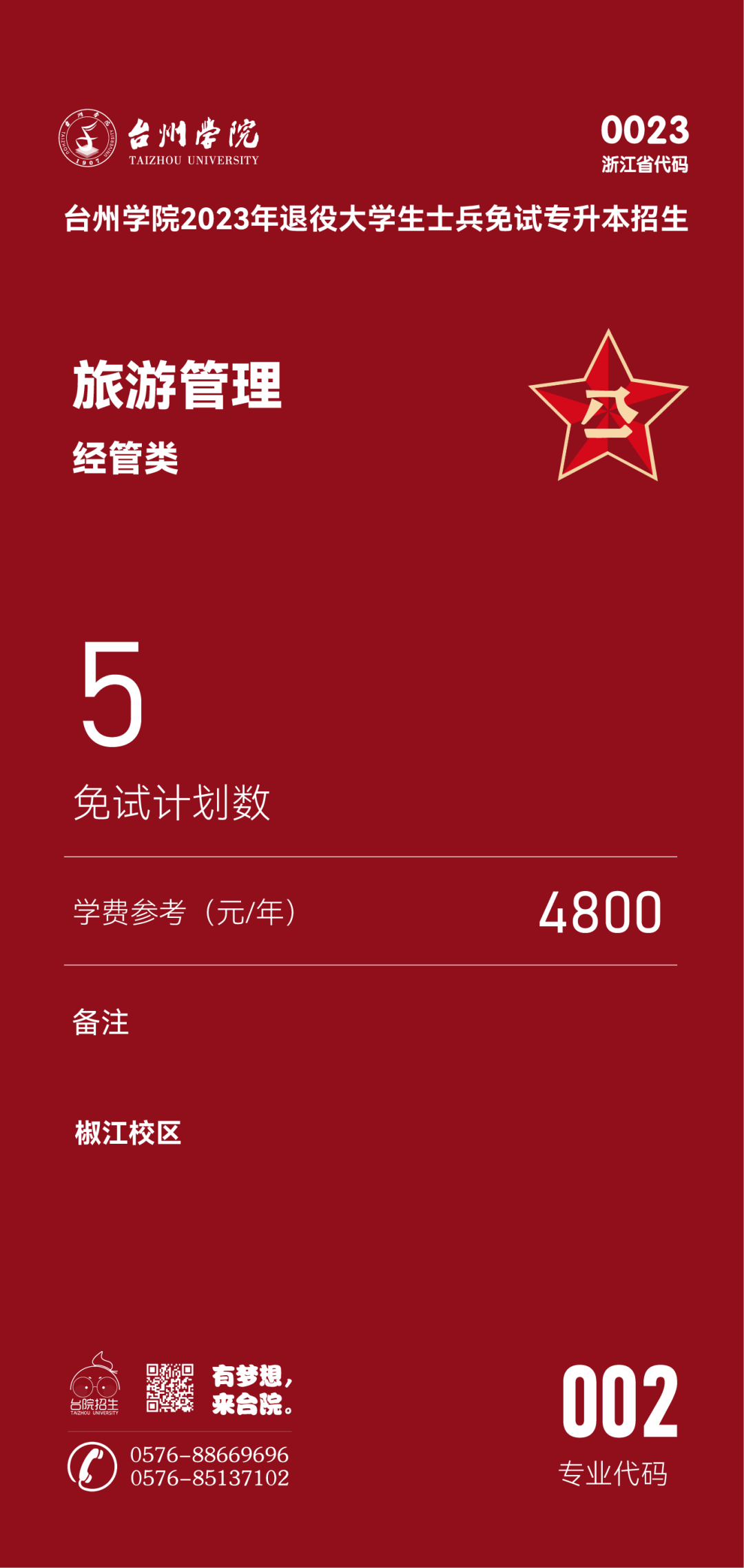 臺州學院退役大學生士兵免試專升本招生專業