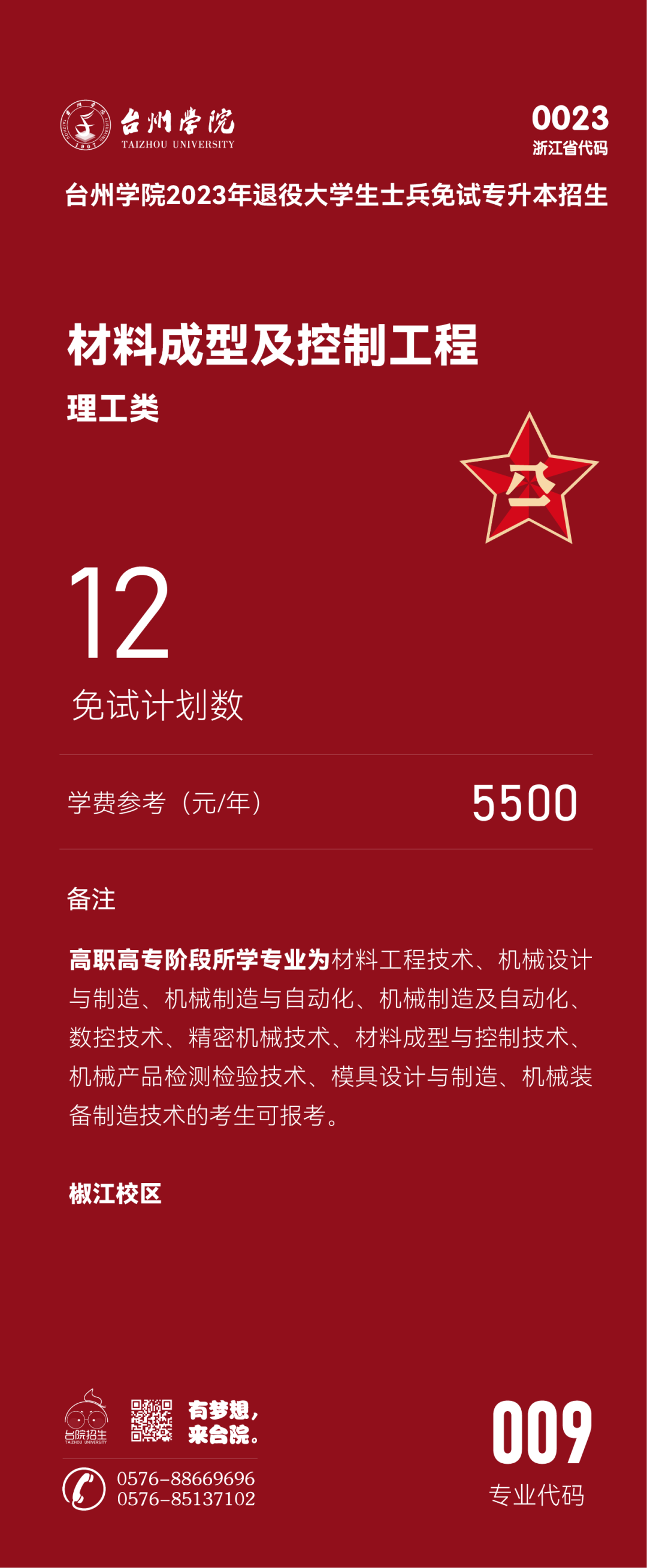 臺州學院退役大學生士兵免試專升本招生專業